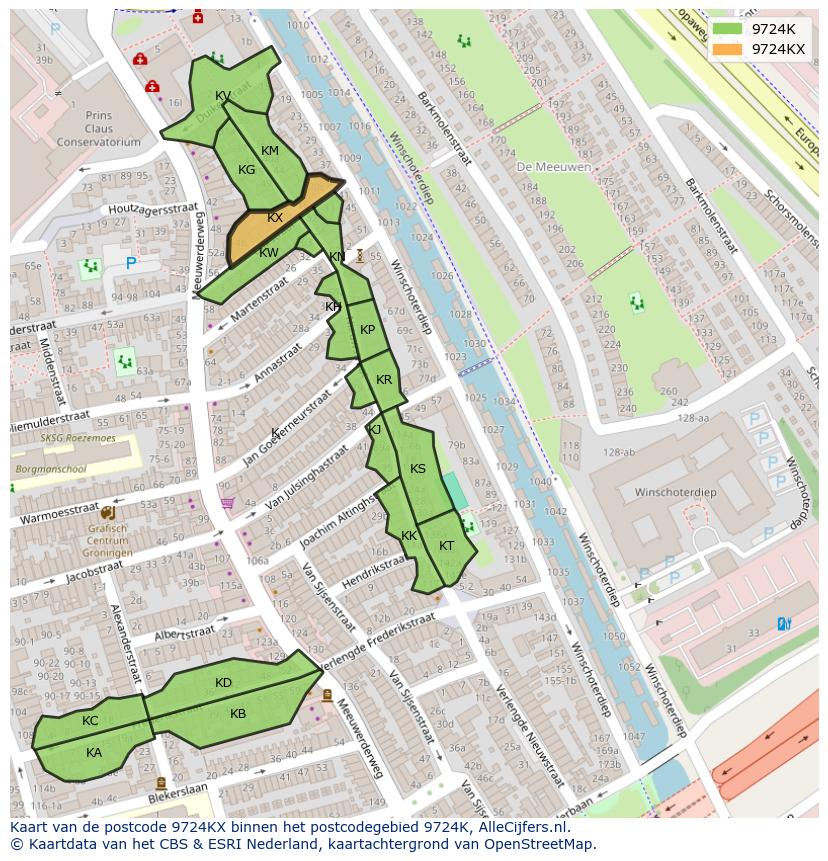 Afbeelding van het postcodegebied 9724 KX op de kaart.