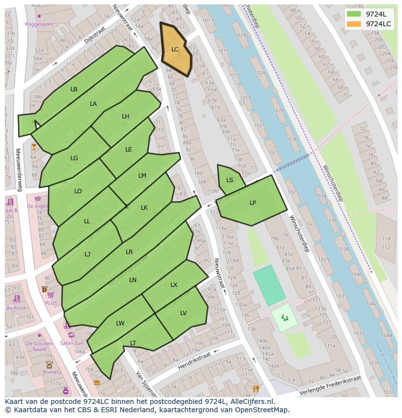 Afbeelding van het postcodegebied 9724 LC op de kaart.