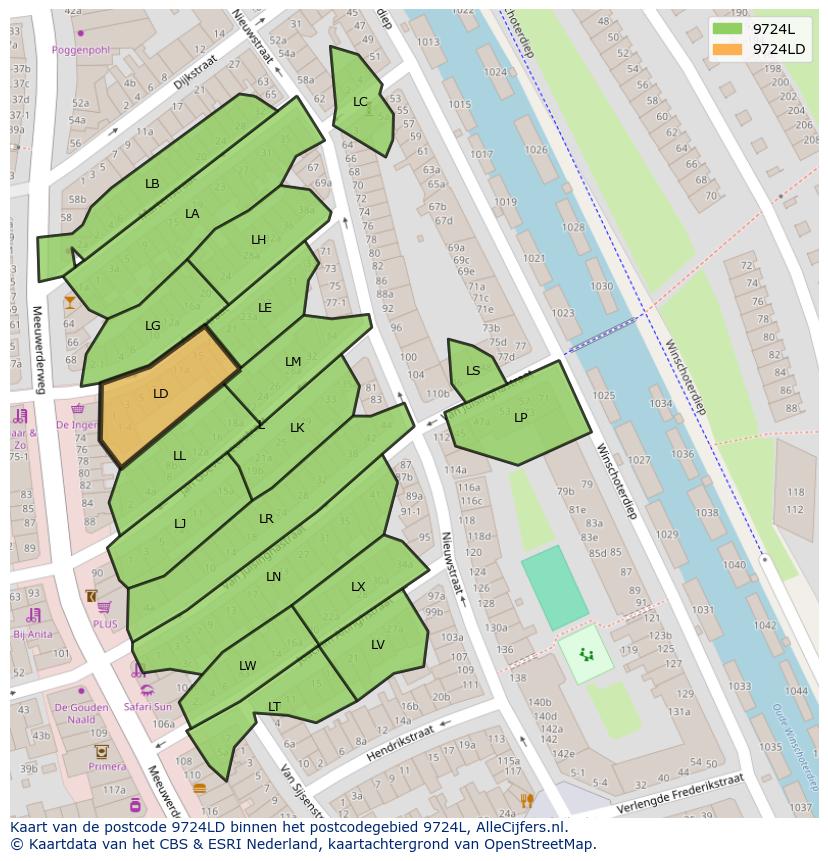 Afbeelding van het postcodegebied 9724 LD op de kaart.