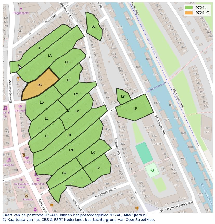 Afbeelding van het postcodegebied 9724 LG op de kaart.