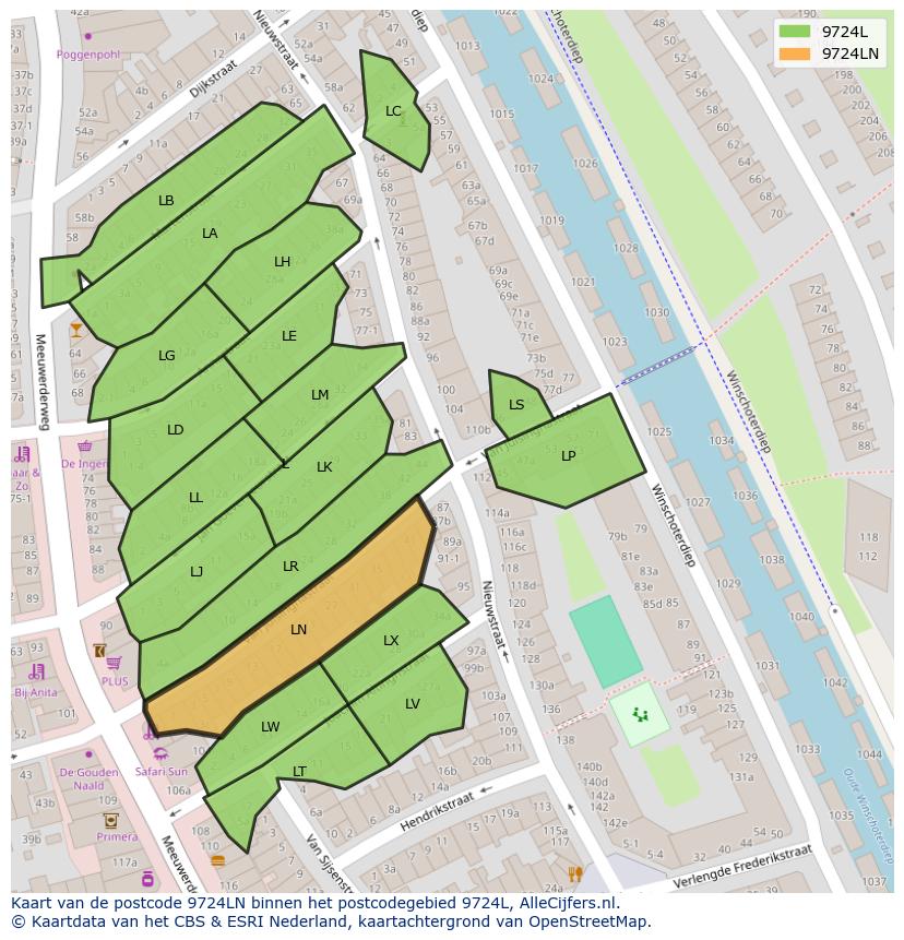 Afbeelding van het postcodegebied 9724 LN op de kaart.