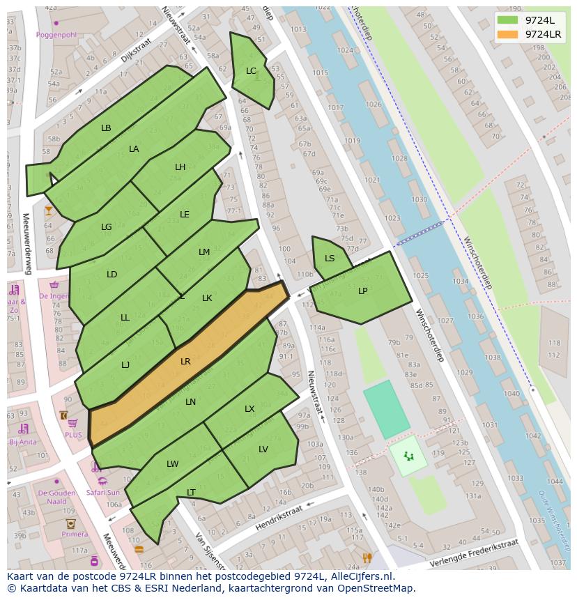 Afbeelding van het postcodegebied 9724 LR op de kaart.