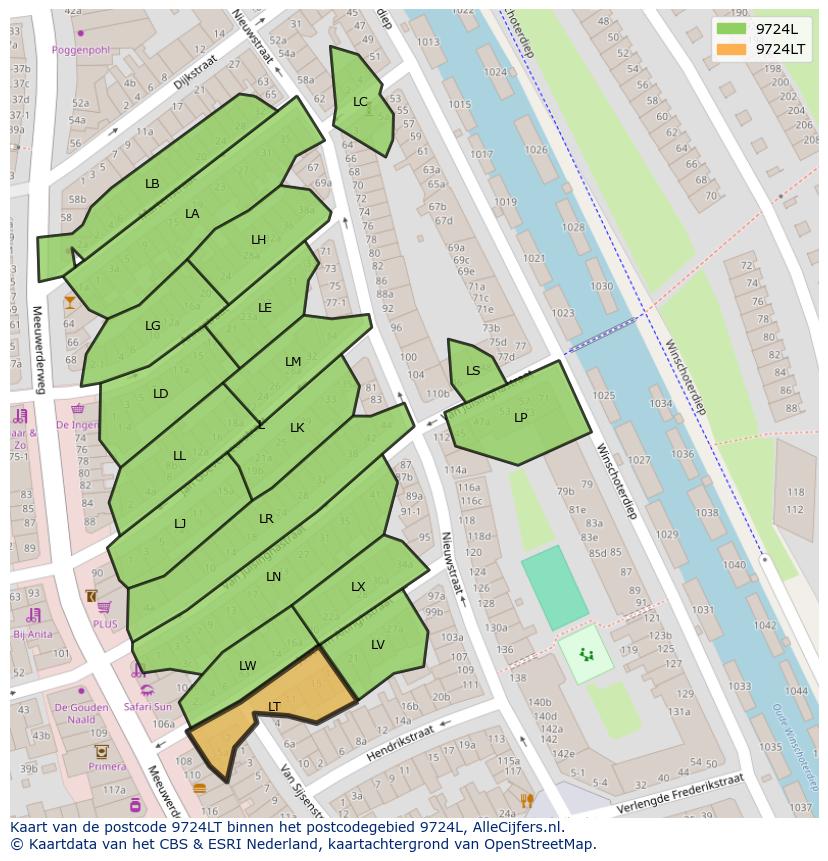 Afbeelding van het postcodegebied 9724 LT op de kaart.