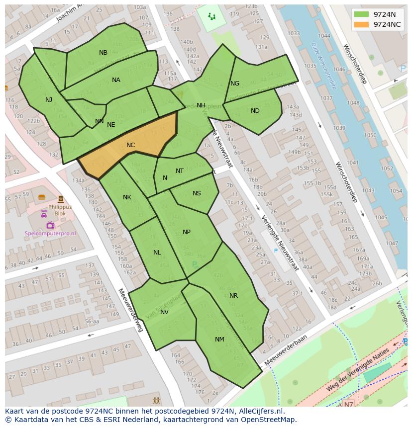 Afbeelding van het postcodegebied 9724 NC op de kaart.