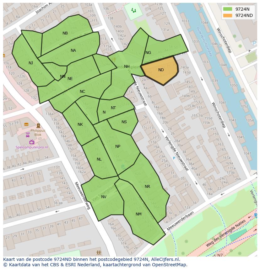 Afbeelding van het postcodegebied 9724 ND op de kaart.