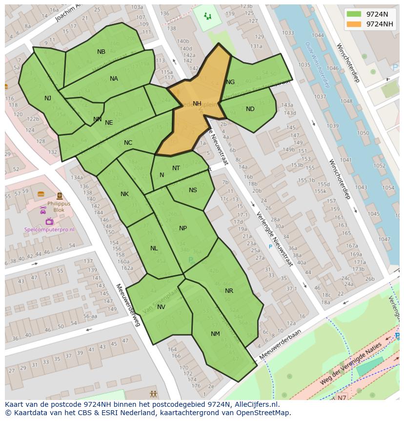 Afbeelding van het postcodegebied 9724 NH op de kaart.