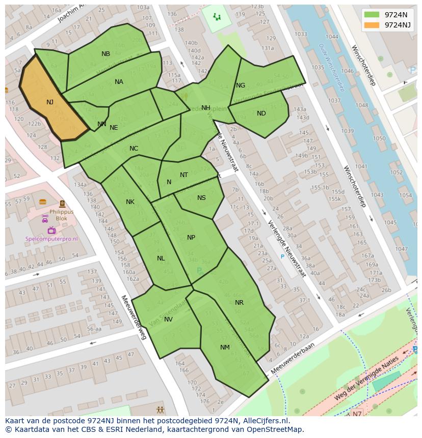Afbeelding van het postcodegebied 9724 NJ op de kaart.