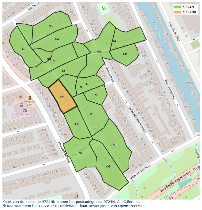 Afbeelding van het postcodegebied 9724 NK op de kaart.