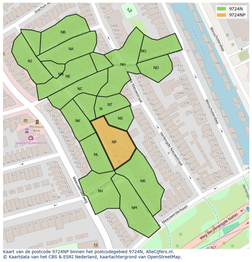 Afbeelding van het postcodegebied 9724 NP op de kaart.