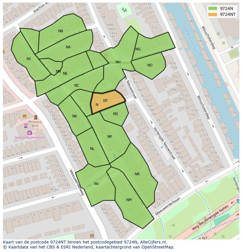 Afbeelding van het postcodegebied 9724 NT op de kaart.
