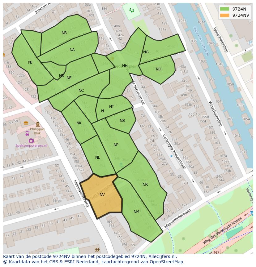 Afbeelding van het postcodegebied 9724 NV op de kaart.