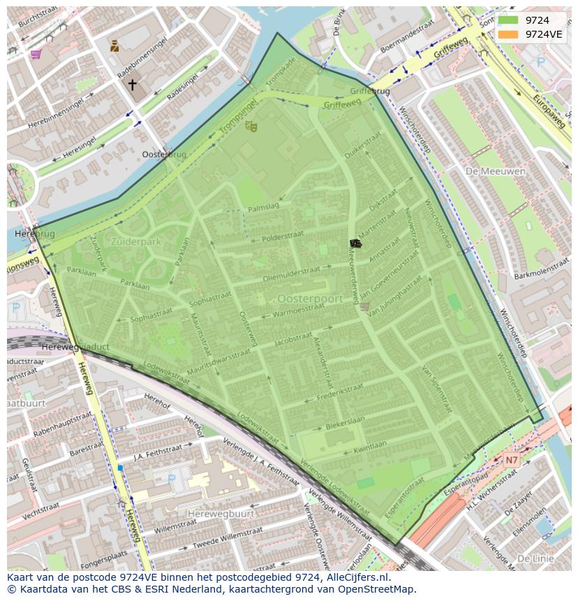 Afbeelding van het postcodegebied 9724 VE op de kaart.