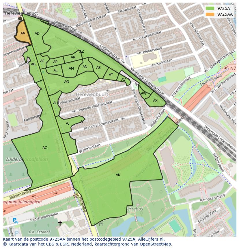 Afbeelding van het postcodegebied 9725 AA op de kaart.