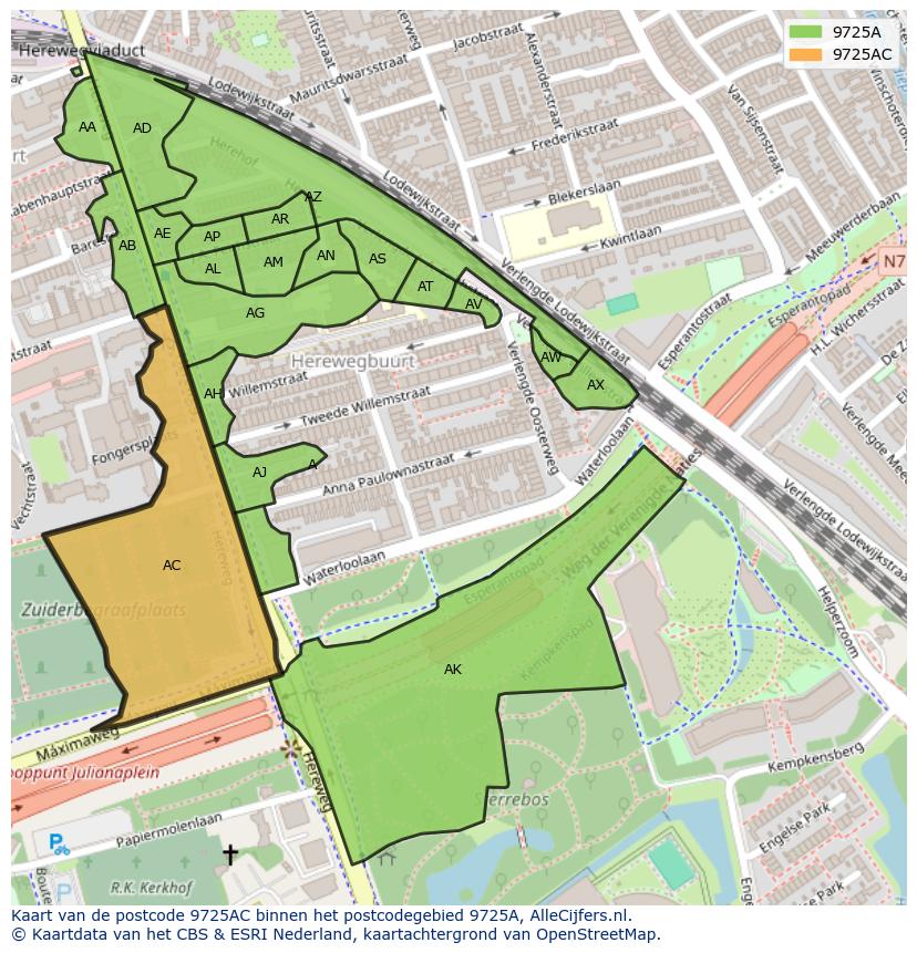 Afbeelding van het postcodegebied 9725 AC op de kaart.