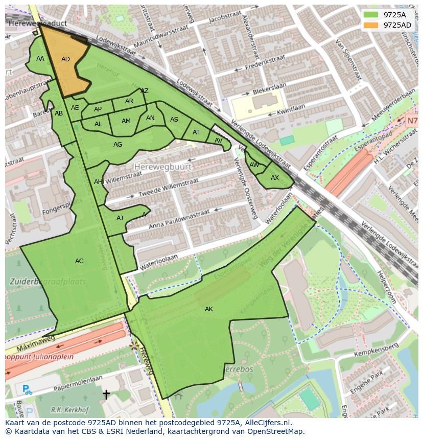 Afbeelding van het postcodegebied 9725 AD op de kaart.
