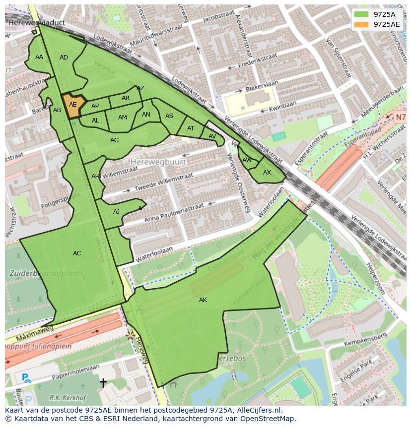 Afbeelding van het postcodegebied 9725 AE op de kaart.