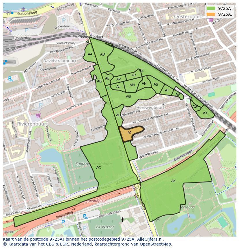 Afbeelding van het postcodegebied 9725 AJ op de kaart.