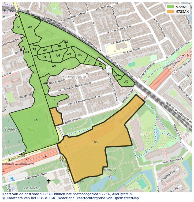 Afbeelding van het postcodegebied 9725 AK op de kaart.