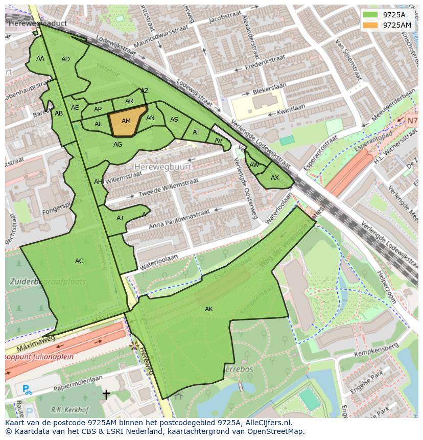 Afbeelding van het postcodegebied 9725 AM op de kaart.
