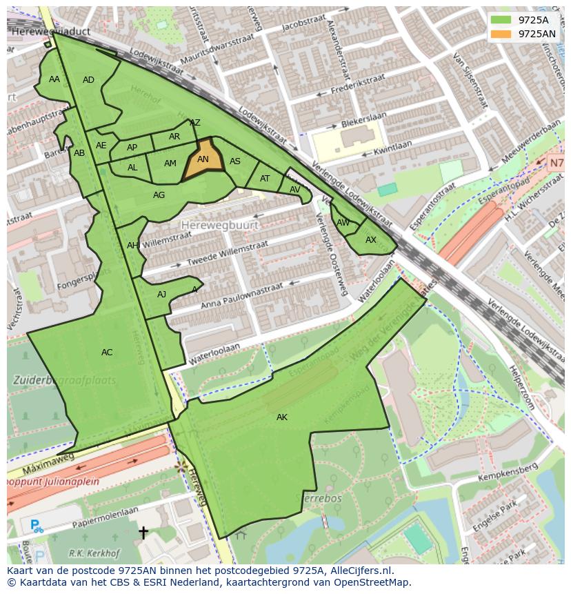 Afbeelding van het postcodegebied 9725 AN op de kaart.