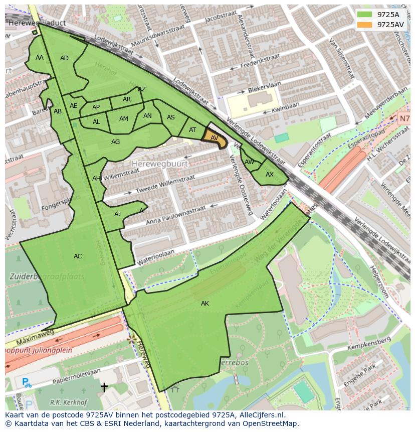 Afbeelding van het postcodegebied 9725 AV op de kaart.