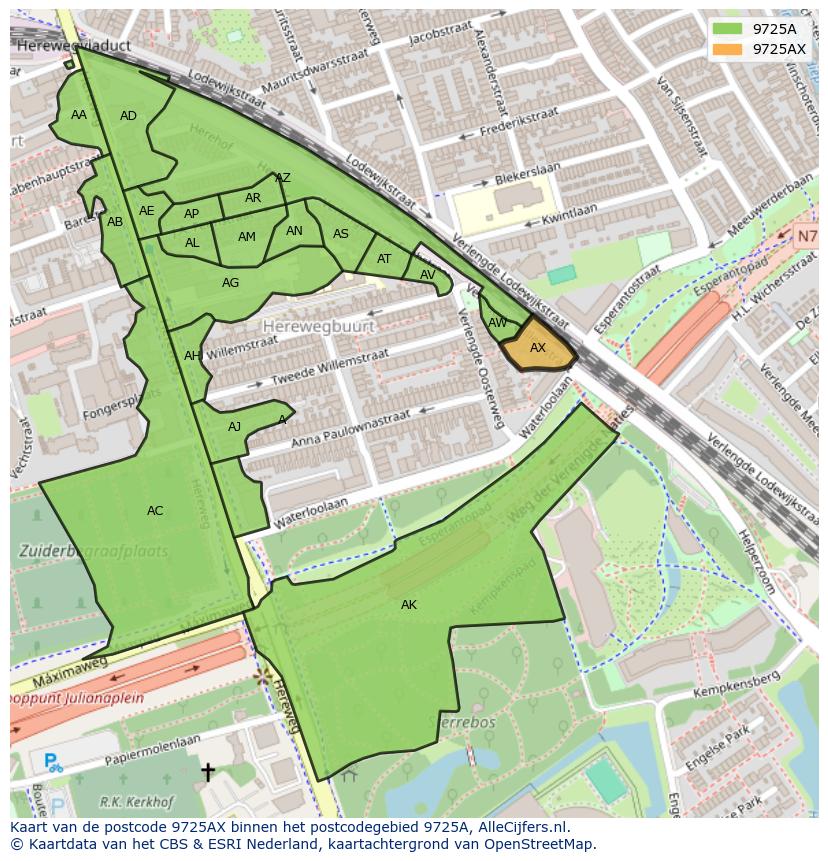 Afbeelding van het postcodegebied 9725 AX op de kaart.
