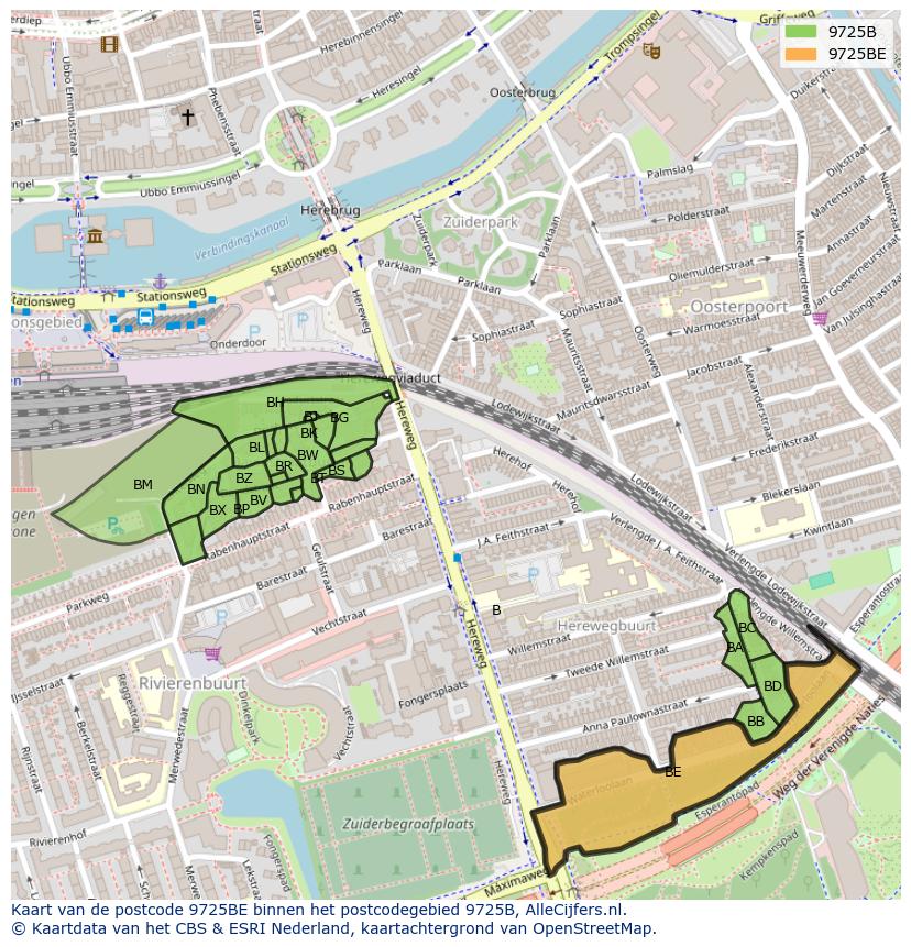 Afbeelding van het postcodegebied 9725 BE op de kaart.