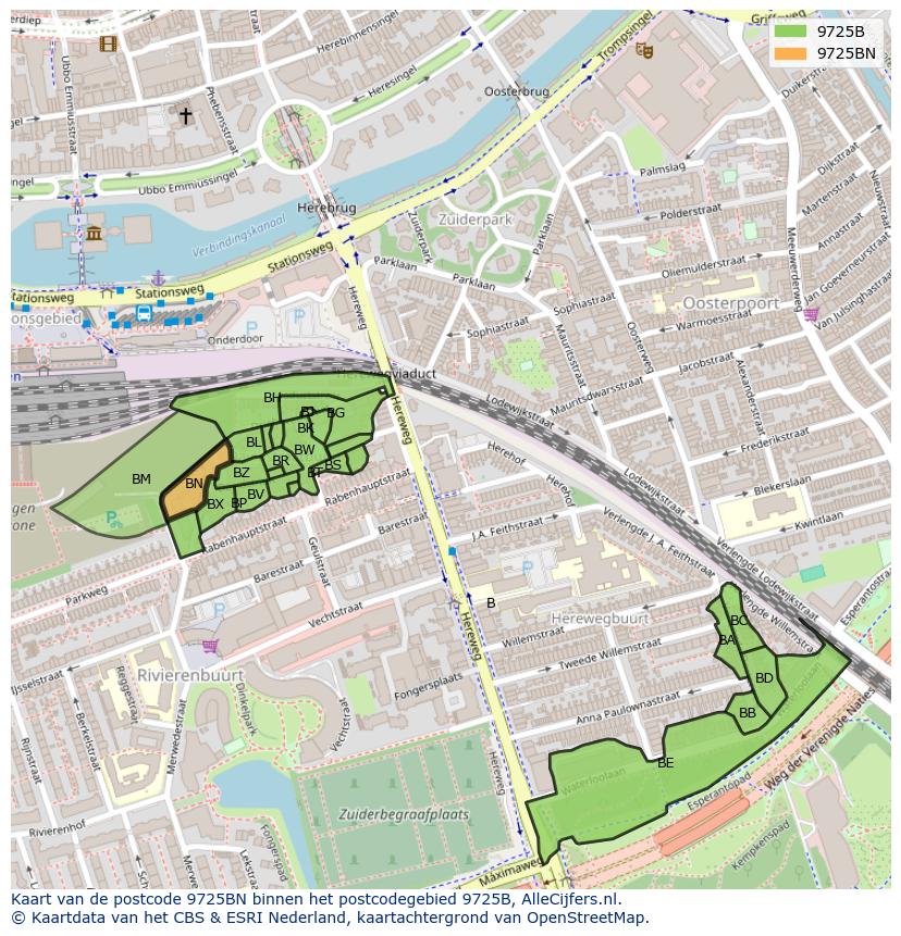 Afbeelding van het postcodegebied 9725 BN op de kaart.
