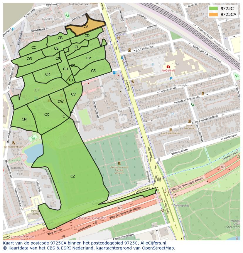 Afbeelding van het postcodegebied 9725 CA op de kaart.