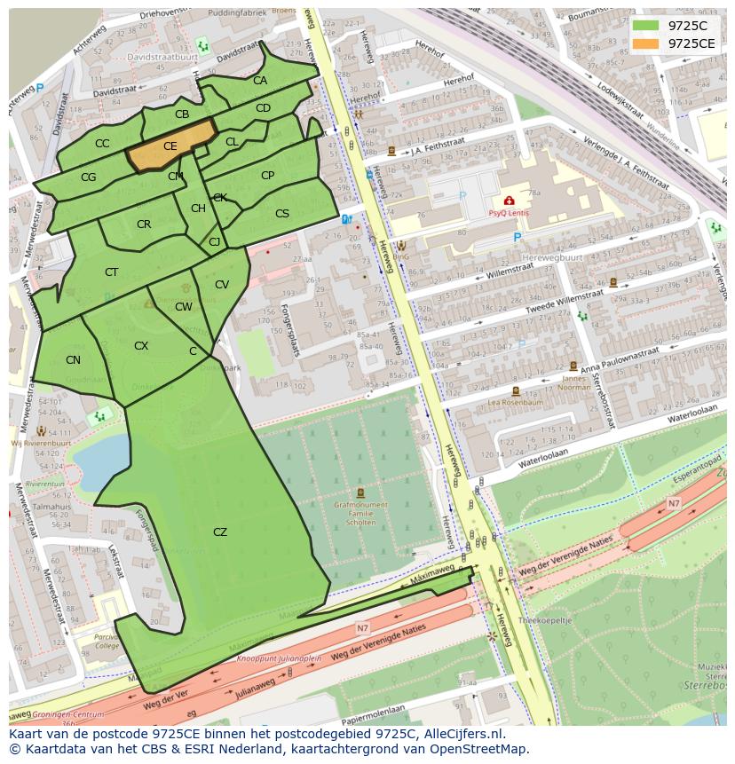 Afbeelding van het postcodegebied 9725 CE op de kaart.