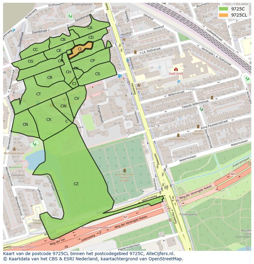 Afbeelding van het postcodegebied 9725 CL op de kaart.