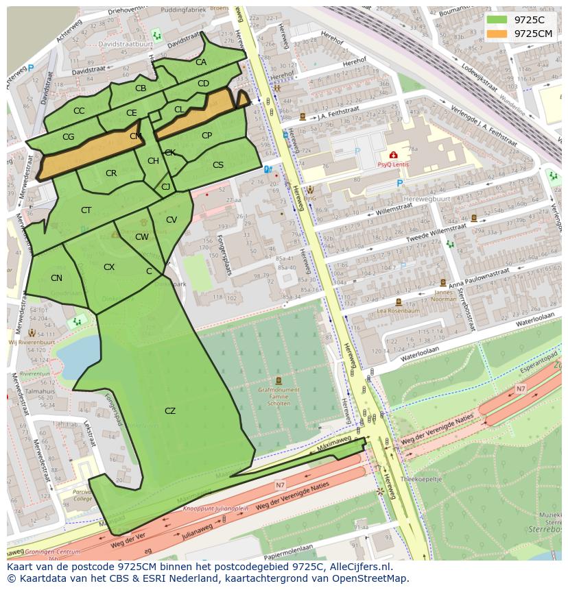 Afbeelding van het postcodegebied 9725 CM op de kaart.