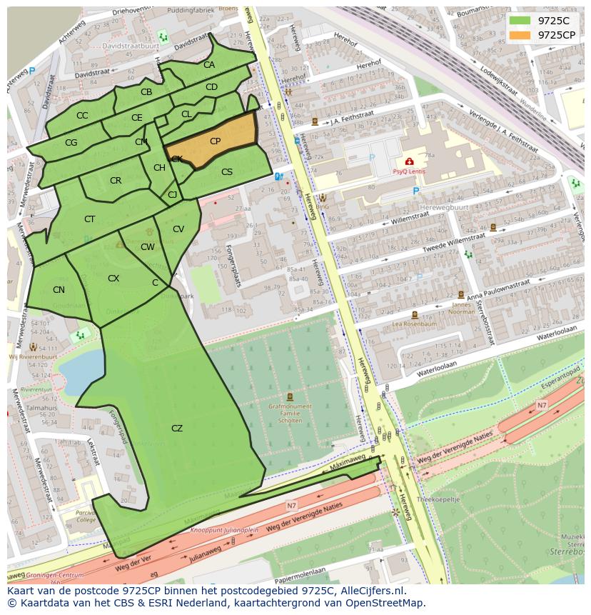 Afbeelding van het postcodegebied 9725 CP op de kaart.