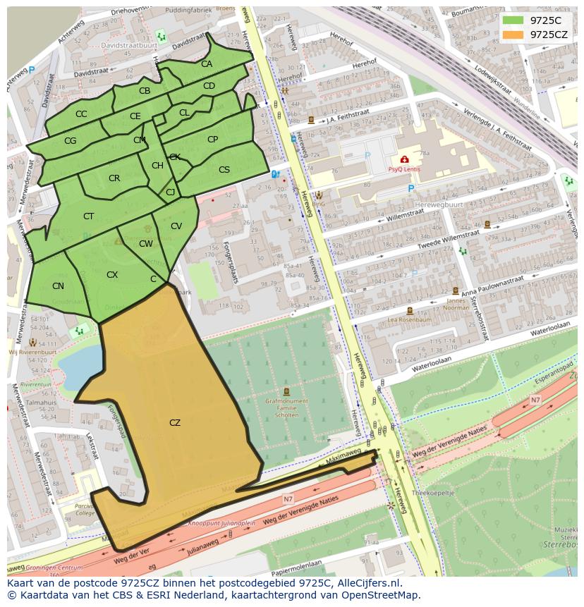 Afbeelding van het postcodegebied 9725 CZ op de kaart.