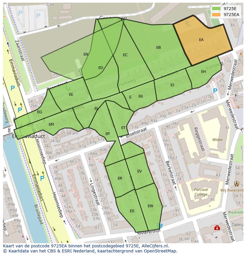 Afbeelding van het postcodegebied 9725 EA op de kaart.