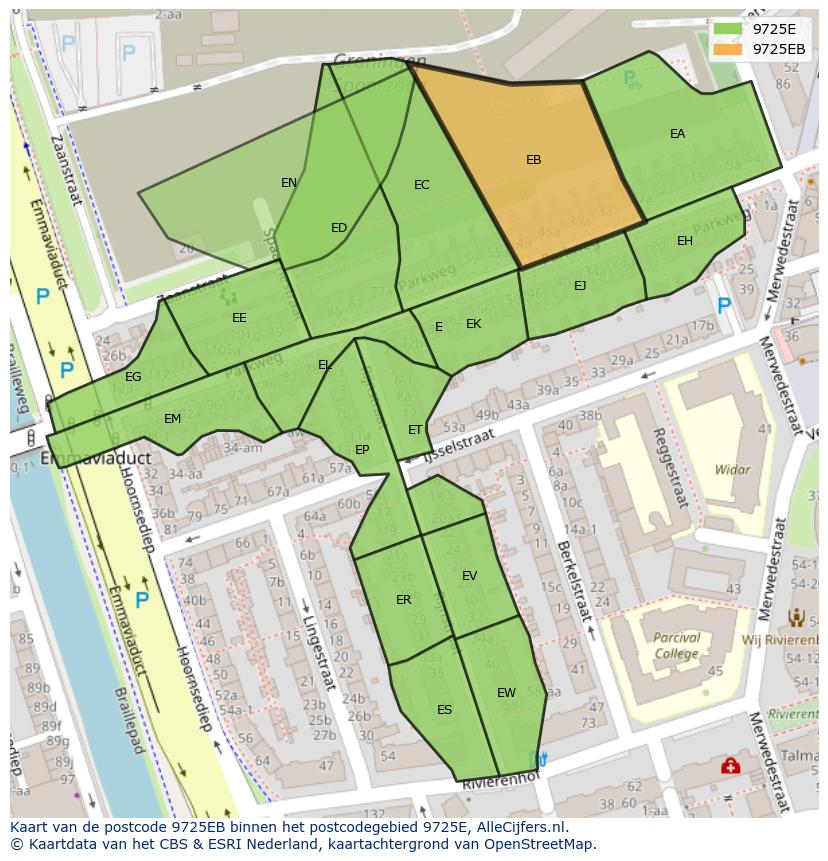 Afbeelding van het postcodegebied 9725 EB op de kaart.