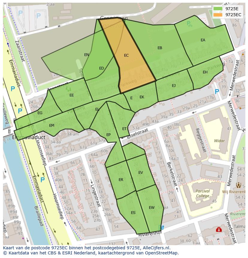 Afbeelding van het postcodegebied 9725 EC op de kaart.
