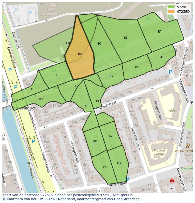 Afbeelding van het postcodegebied 9725 ED op de kaart.
