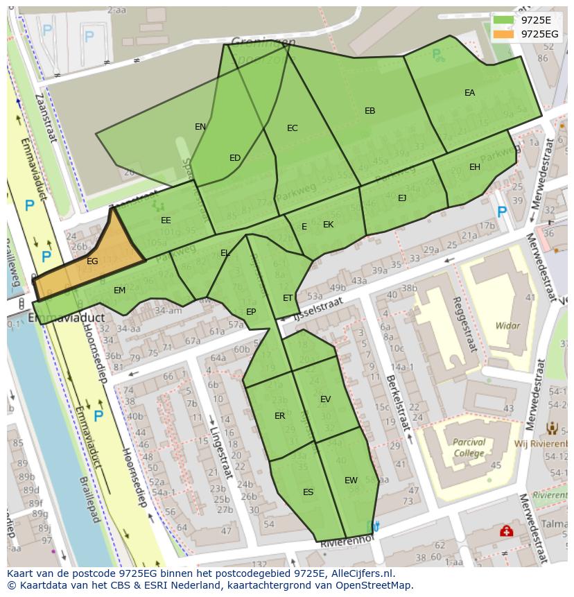 Afbeelding van het postcodegebied 9725 EG op de kaart.