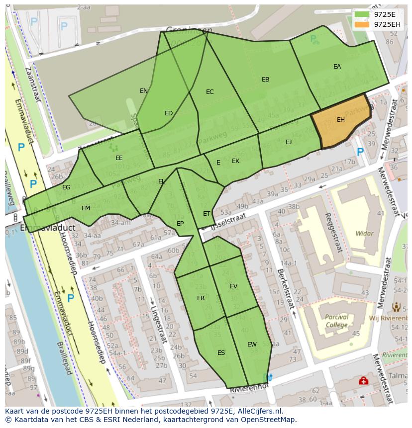 Afbeelding van het postcodegebied 9725 EH op de kaart.