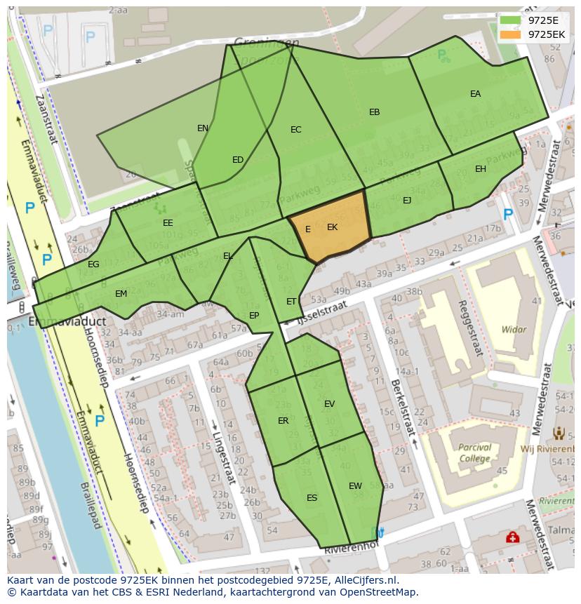 Afbeelding van het postcodegebied 9725 EK op de kaart.