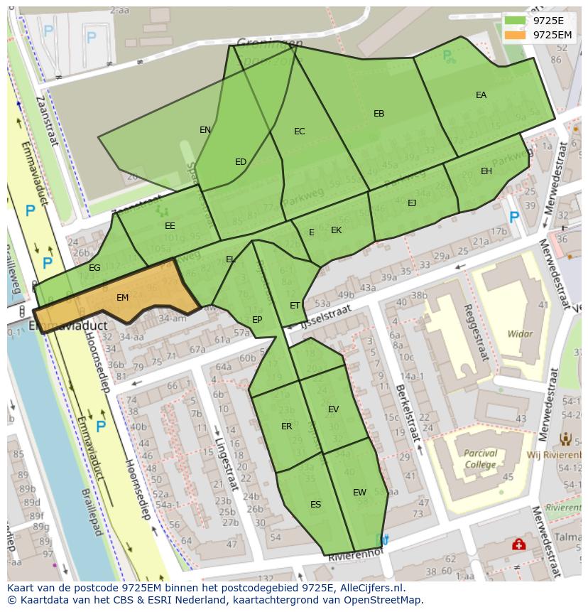 Afbeelding van het postcodegebied 9725 EM op de kaart.