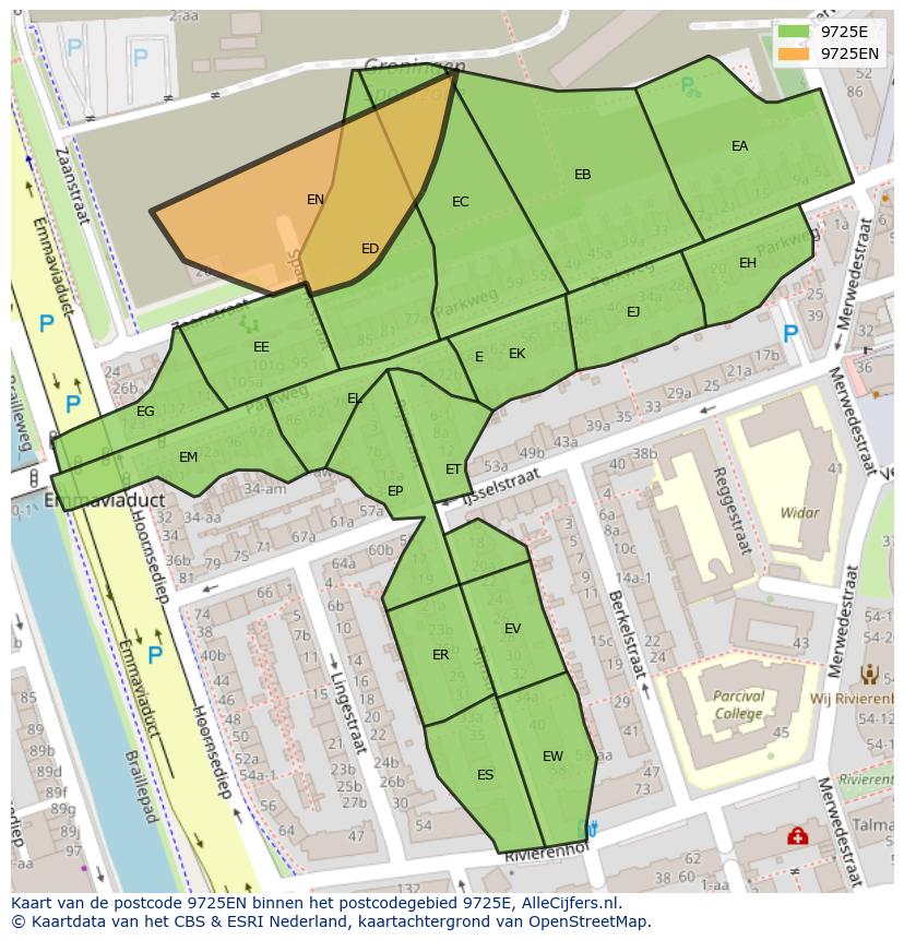 Afbeelding van het postcodegebied 9725 EN op de kaart.