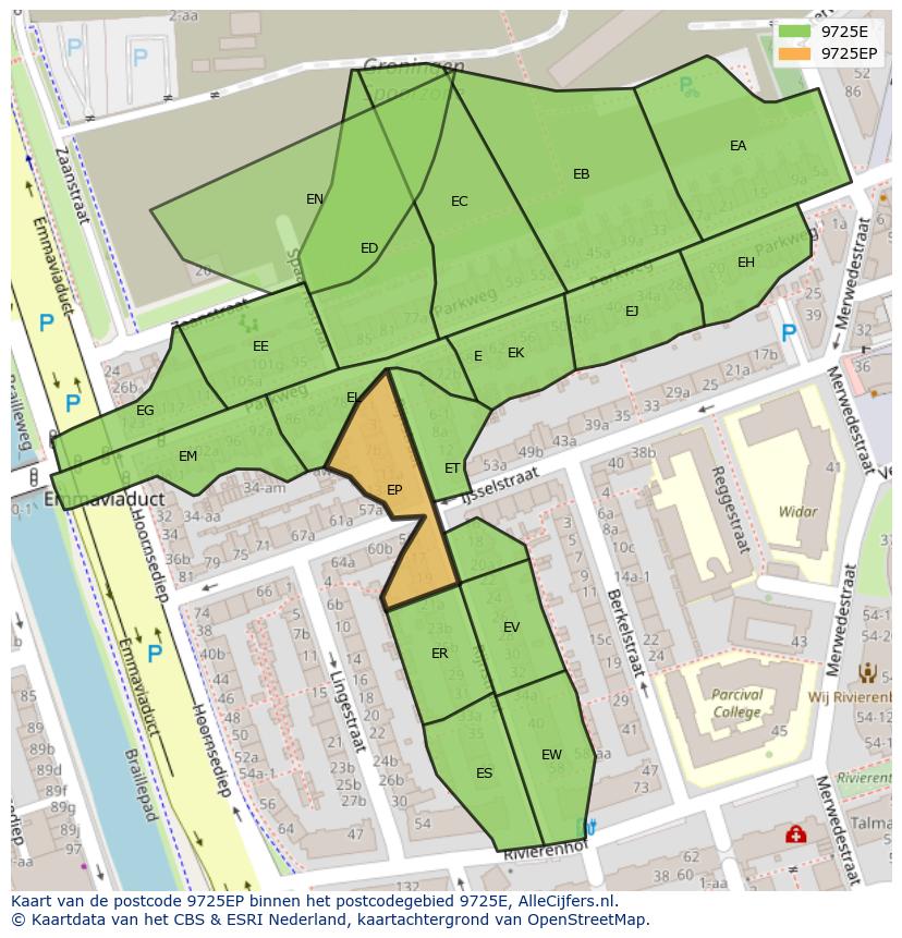 Afbeelding van het postcodegebied 9725 EP op de kaart.