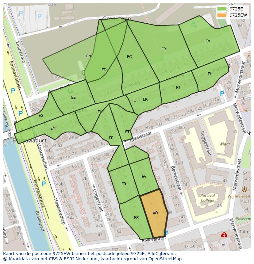 Afbeelding van het postcodegebied 9725 EW op de kaart.