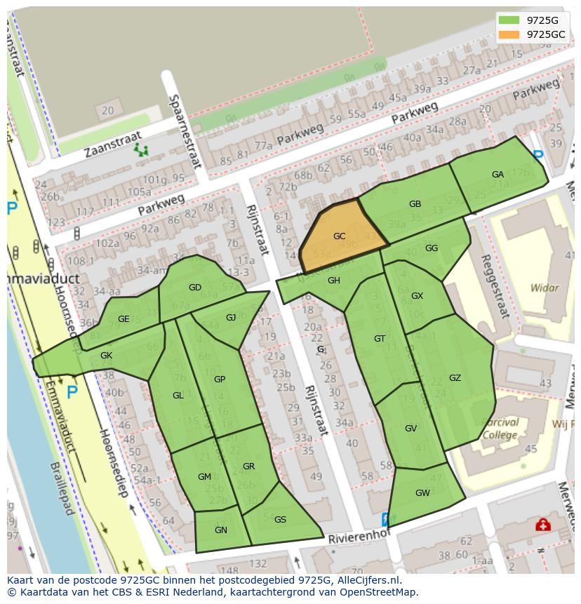 Afbeelding van het postcodegebied 9725 GC op de kaart.