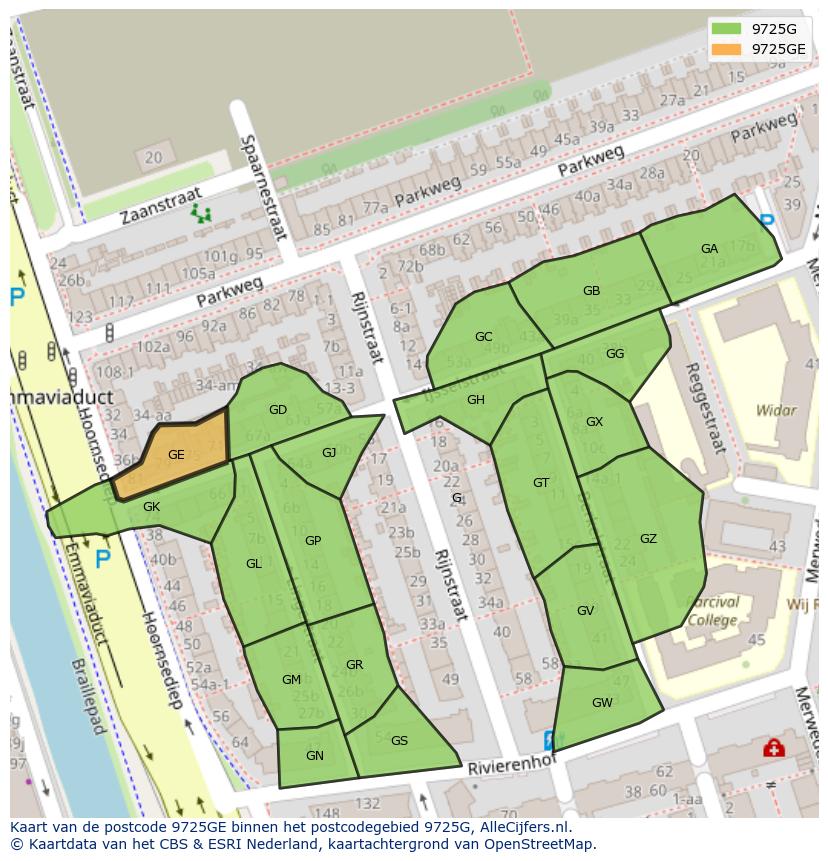 Afbeelding van het postcodegebied 9725 GE op de kaart.
