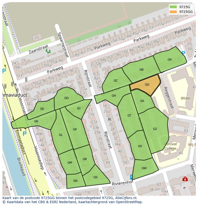 Afbeelding van het postcodegebied 9725 GG op de kaart.