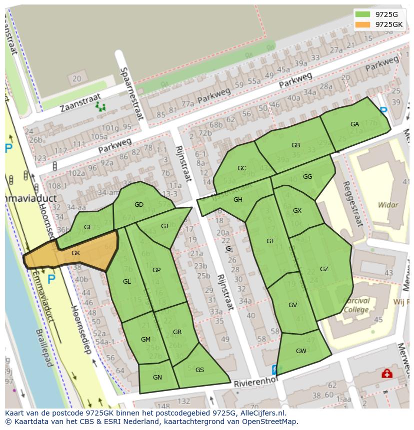 Afbeelding van het postcodegebied 9725 GK op de kaart.