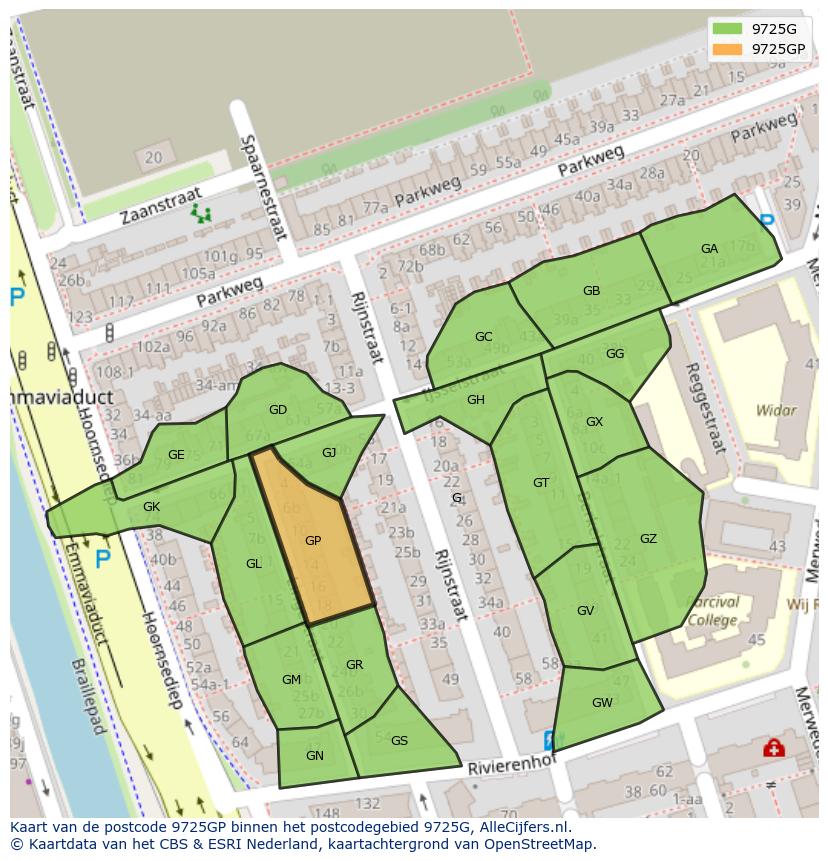 Afbeelding van het postcodegebied 9725 GP op de kaart.